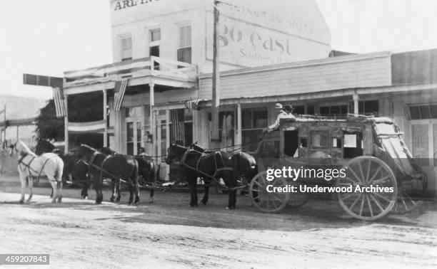 Thorobrace stagecoach in Tombstone, Tombstone, Arizona, circa 1882.