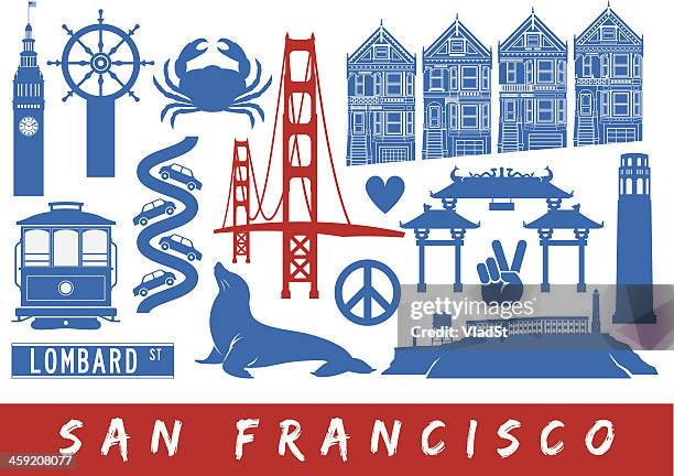 ilustraciones, imágenes clip art, dibujos animados e iconos de stock de iconos de san francisco - fishermans wharf