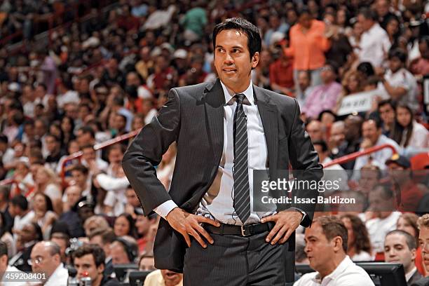 Head Coach Erik Spoelstra of the Miami Heat looks on during a game between the Los Angeles Lakers and the Miami Heat on February 10, 2013 at American...