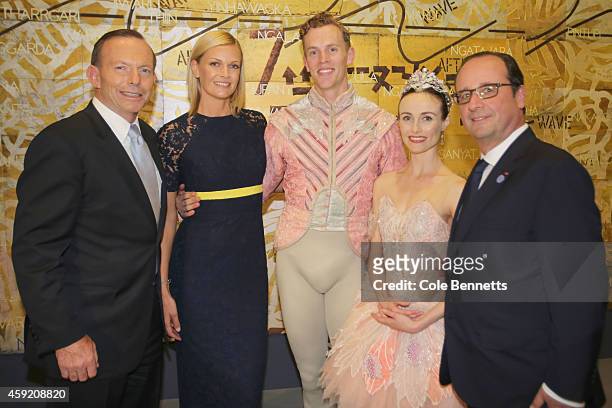 Prime Minister Tony Abbott, Sarah Murdoch, Adam Bull, Amber Scott and French President Francios Hollande pose for a photograph after a performance by...