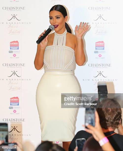 Kim Kardashian speaks as she promotes her new fragrance "Fleur Fatale" at Chadstone Shopping Centre on November 19, 2014 in Melbourne, Australia.