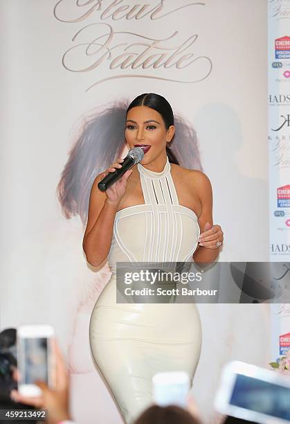 Kim Kardashian speaks as she promotes her new fragrance "Fleur Fatale" at Chadstone Shopping Centre on November 19, 2014 in Melbourne, Australia.