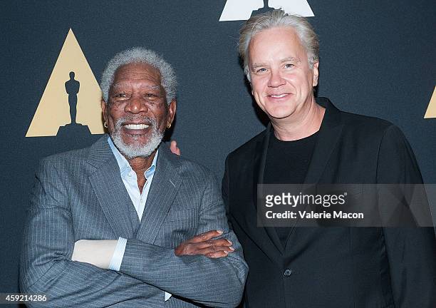 Actors Morgan Freeman and Tim Robbins arrive at the Academy Of Motion Picture Arts And Sciences' 20th Anniversary Screening Of "The Shawshank...