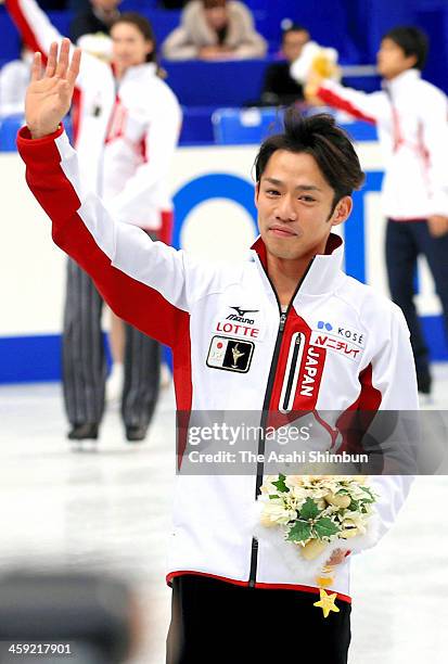 Sochi Olympic Japanese figure skater Daisuke Takahashi waves to fans after the 82nd All Japan Figure Skating Championships at Saitama Super Arena on...