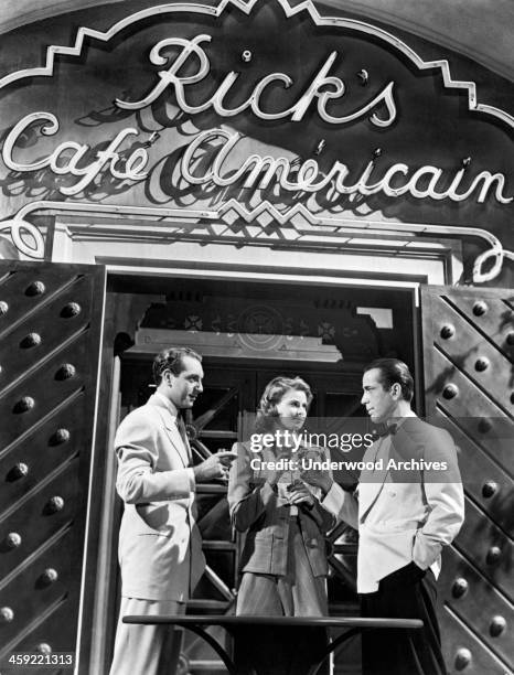 Still from the film, 'Casablanca,' Hollywood, California, 1942. L-R are Paul Henreid, Ingrid Bergman, Humphrey Bogart.