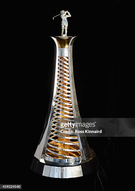 The Race to Dubai trophy pictured during a practice day prior to the DP World Tour Championship at Jumeirah Golf Estates on November 19, 2014 in...