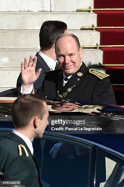 Prince Albert II of Monaco leaves the Cathedral of Monaco during the official ceremonies for the Monaco National Day at Cathedrale...