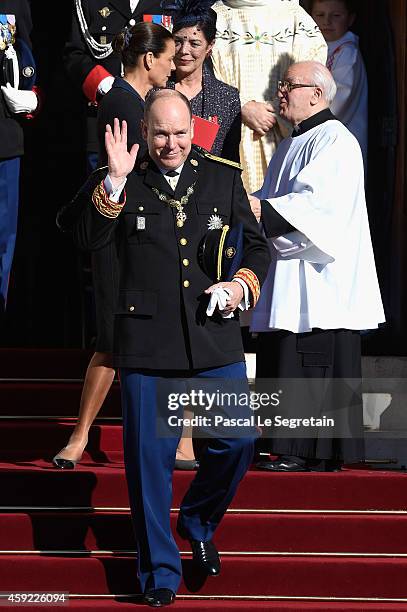 Prince Albert II of Monaco, Princess Stephanie of Monaco and Princess Caroline of Hanover leave the Cathedral of Monaco during the official...
