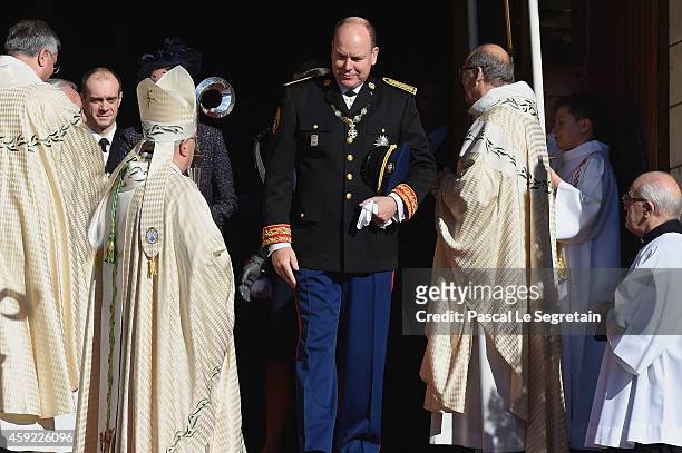 Prince Albert II of Monaco leaves the Cathedral of Monaco during the official ceremonies for the Monaco National Day at Cathedrale...