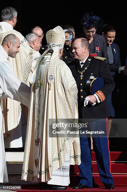 Prince Albert II of Monaco leaves the Cathedral of Monaco during the official ceremonies for the Monaco National Day at Cathedrale...