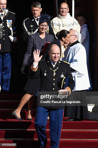 Prince Albert II of Monaco, Princess Stephanie of Monaco and Princess Caroline of Hanover leave the Cathedral of Monaco during the official...