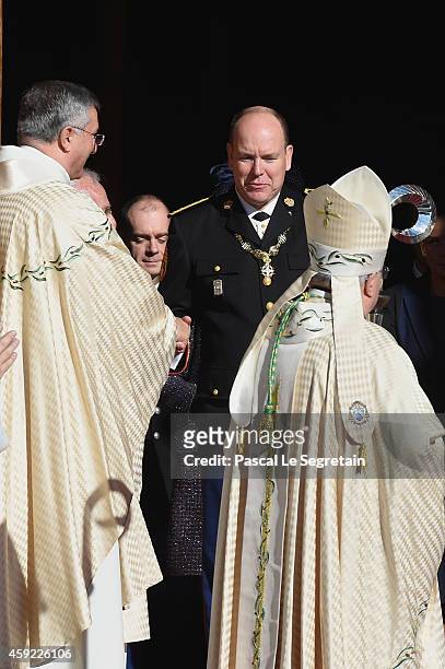 Prince Albert II of Monaco leaves the Cathedral of Monaco during the official ceremonies for the Monaco National Day at Cathedrale...