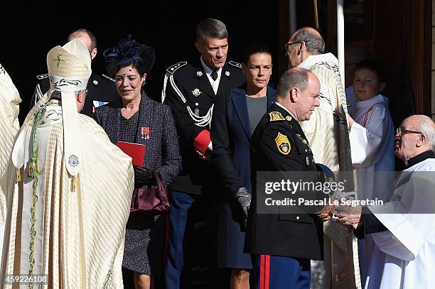 Prince Albert II of Monaco, Princess Stephanie of Monaco and Princess Caroline of Hanover leave the Cathedral of Monaco during the official...