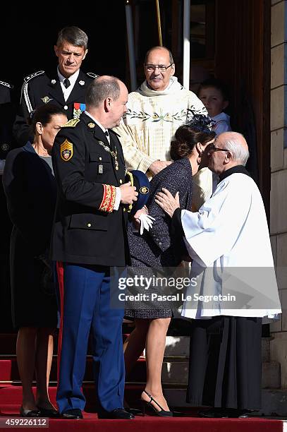 Prince Albert II of Monaco, Princess Stephanie of Monaco and Princess Caroline of Hanover leave the Cathedral of Monaco during the official...