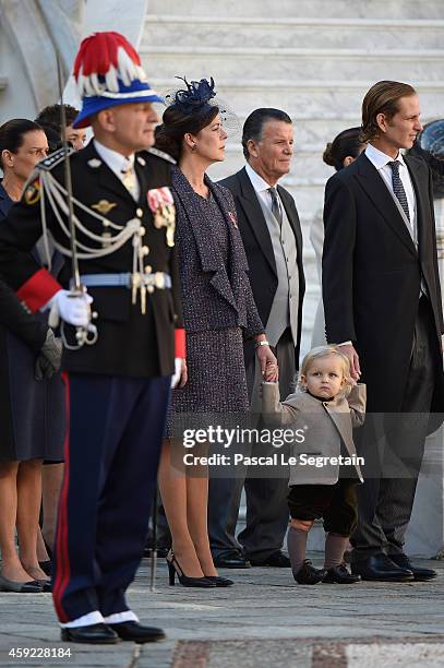 Princess Caroline of Hanover, Sacha Casiraghi and Andrea Casiraghi attend the Monaco National Day Celebrations in the Monaco Palace Courtyard on...