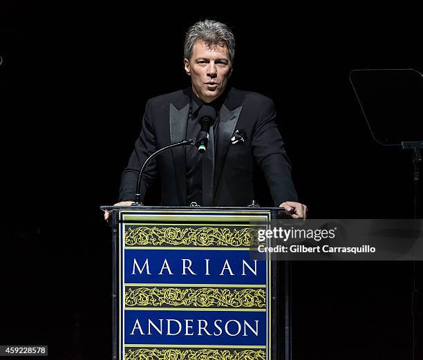 Honoree singer Jon Bon Jovi speaks during the 2014 Marian Anderson Award Gala honoring Jon Bon Jovi at Kimmel Center for the Performing Arts on...