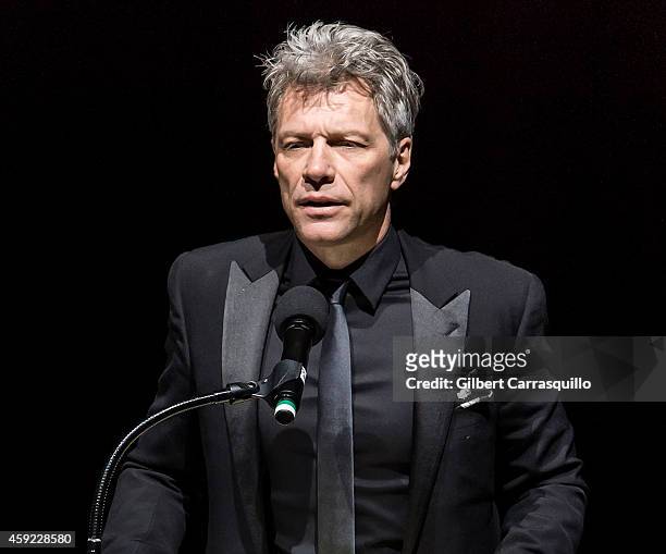 Honoree singer Jon Bon Jovi speaks during the 2014 Marian Anderson Award Gala honoring Jon Bon Jovi at Kimmel Center for the Performing Arts on...