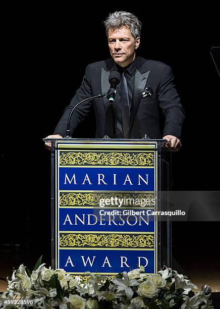 Honoree singer Jon Bon Jovi speaks during the 2014 Marian Anderson Award Gala honoring Jon Bon Jovi at Kimmel Center for the Performing Arts on...