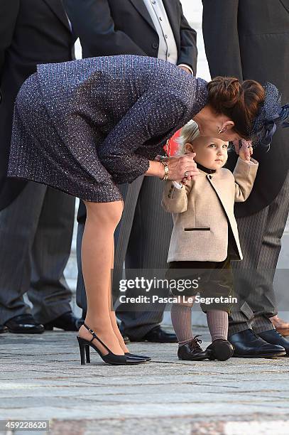 Princess Caroline of Hanover and Sacha Casiraghi attend the Monaco National Day Celebrations in the Monaco Palace Courtyard on November 19, 2014 in...