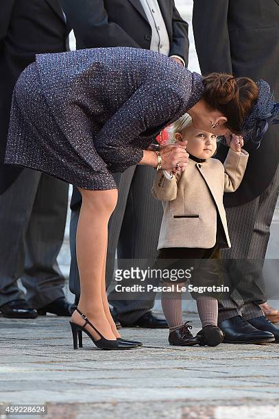 Princess Caroline of Hanover and Sacha Casiraghi attend the Monaco National Day Celebrations in the Monaco Palace Courtyard on November 19, 2014 in...