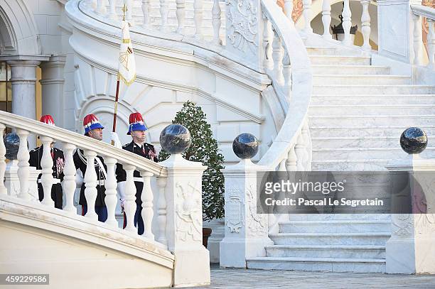 General view of The Carabiniers' Fanfare during the Monaco National Day Celebrations in the Monaco Palace Courtyard on November 19, 2014 in Monaco,...