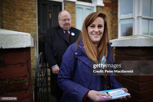 Conservative party candidate Kelly Tolhurst campaigns with Communities Secretary Eric Pickles on November 19, 2014 in Rochester, England. A...