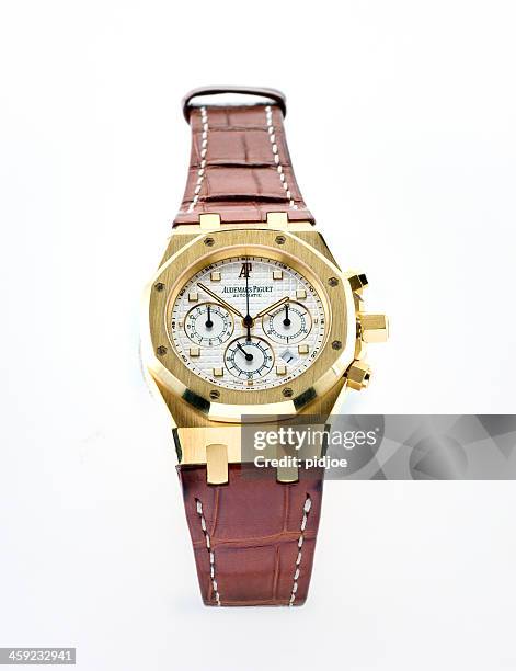 luxury audemars piquet royal oak chronograph wristwatch - leather strap stock pictures, royalty-free photos & images