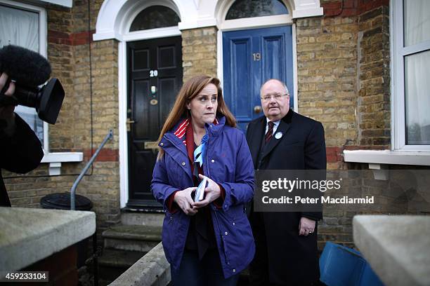 Conservative party candidate Kelly Tolhurst campaigns with Communities Secretary Eric Pickles on November 19, 2014 in Rochester, England. A...