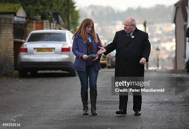 Conservative party candidate Kelly Tolhurst campaigns with Communities Secretary Eric Pickles on November 19, 2014 in Rochester, England. A...