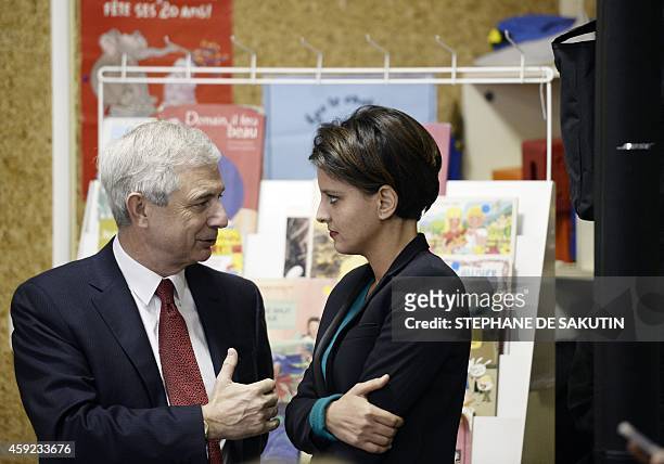 French Education Minister Nadjat Vallaud-Belkacem speaks with French National Assembly president Claude Bartolone during a visit of the Jean-Rostand...