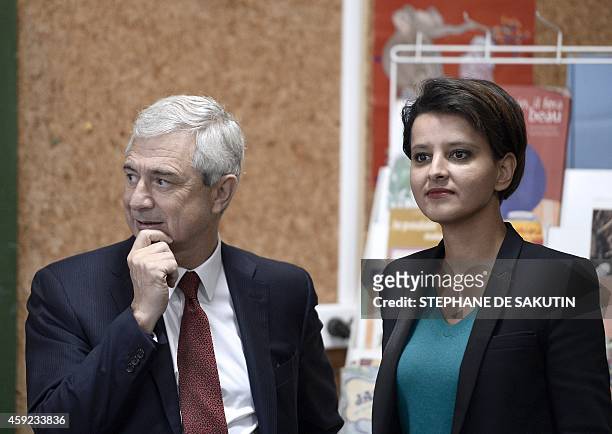 French Education Minister Nadjat Vallaud-Belkacem visits with French National Assembly president Claude Bartolone the Jean-Rostand school in Bondy,...