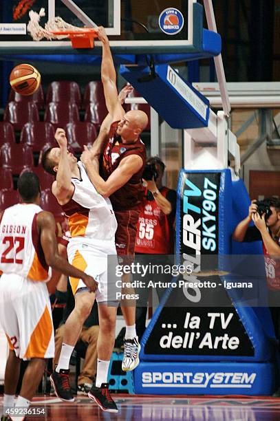 Hrvoje Peric of Umana competes with Brandon Triche of Acea during the LegaBasket A1 basketball match between Umana Venezia and Acea Roma at Palasport...