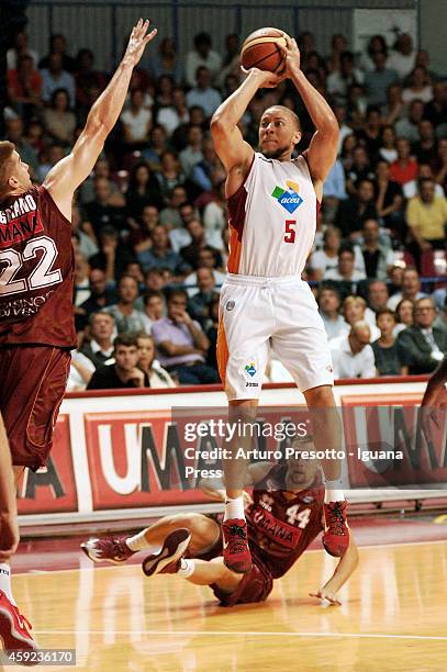 Brandon Triche of Acea competes with Jeff Viggiano of Umana during the LegaBasket A1 basketball match between Umana Venezia and Acea Roma at...