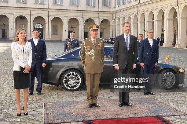 In this handout image supplied by the Press Office of the Presidency of the Republic , Queen Letitia of Spain and King Felipe of Spain arrive to meet...