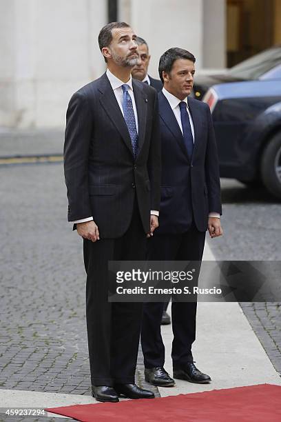 King Felipe of Spain and Prime Minister Matteo Renzi meet at Palazzo Chigi during the Spanish Royal visit to Rome on November 19, 2014 in Rome, Italy.
