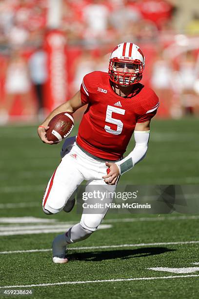 Tanner McEvoy of the Wisconsin Badgers runs with the football during the game against the Maryland Terrapins at Camp Randall Stadium on October 25,...