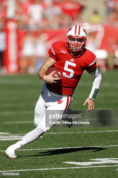 Tanner McEvoy of the Wisconsin Badgers runs with the football during the game against the Maryland Terrapins at Camp Randall Stadium on October 25,...