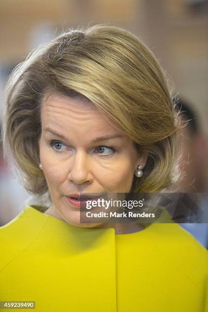 Queen Mathilde of Belgium visits Mathy by Bois in Couvin on November 19, 2014 in Namur, Belgium.