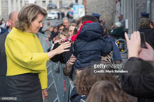 Queen Mathilde of Belgium visits Cerfontaine on November 19, 2014 in Namur, Belgium.