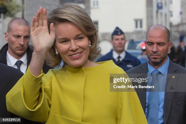 Queen Mathilde of Belgium visits Cerfontaine on November 19, 2014 in Namur, Belgium.