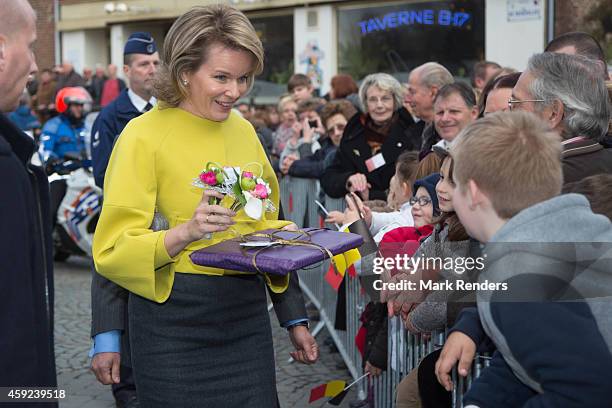 Queen Mathilde of Belgium visits Cerfontaine on November 19, 2014 in Namur, Belgium.