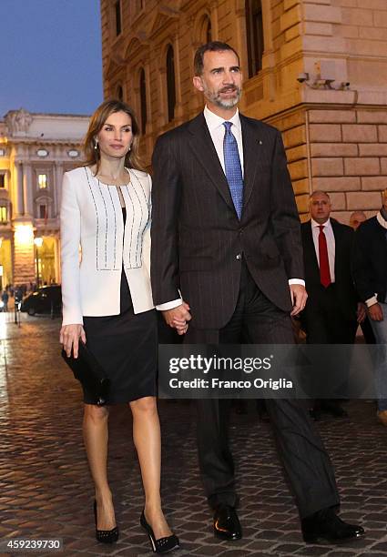 Queen Letizia of Spain and King Felipe of Spain leave Palazzo Chigi after a meeting with Italian Prime Minister Matteo Renzi on November 19, 2014 in...