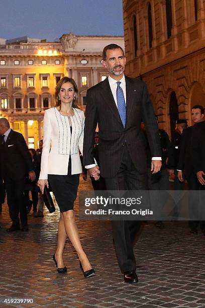 Queen Letizia of Spain and King Felipe of Spain leave Palazzo Chigi after a meeting with Italian Prime Minister Matteo Renzi on November 19, 2014 in...