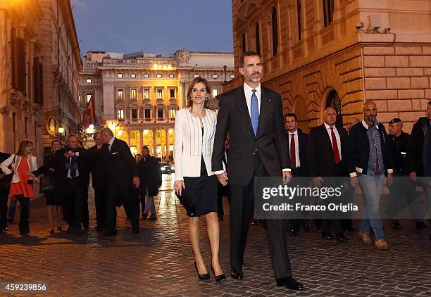 Queen Letizia of Spain and King Felipe of Spain leave Palazzo Chigi after a meeting with Italian Prime Minister Matteo Renzi on November 19, 2014 in...