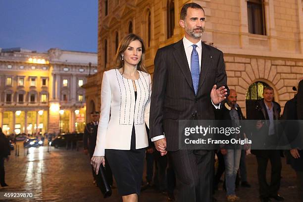 Queen Letizia of Spain and King Felipe of Spain leave Palazzo Chigi after a meeting with Italian Prime Minister Matteo Renzi on November 19, 2014 in...