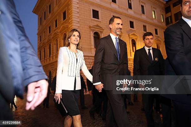 Queen Letizia of Spain and King Felipe of Spain leave Palazzo Chigi after a meeting with Italian Prime Minister Matteo Renzi on November 19, 2014 in...