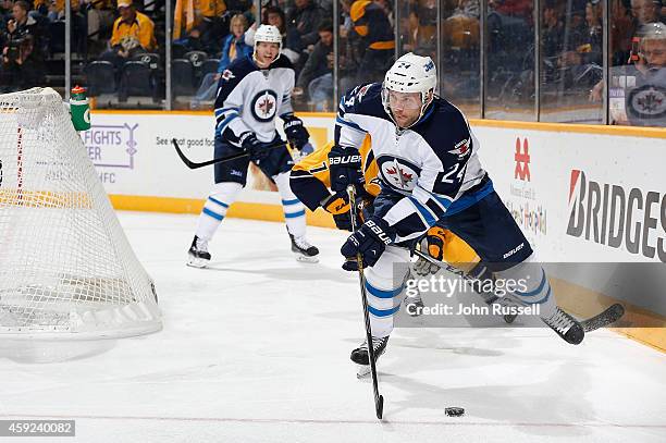 Grant Clitsome of the Winnipeg Jets skates against the Nashville Predators at Bridgestone Arena on November 15, 2014 in Nashville, Tennessee.