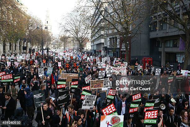 Students take part in a protest march against fees and cuts in the education system on November 19, 2014 in London, England. A coalition of student...