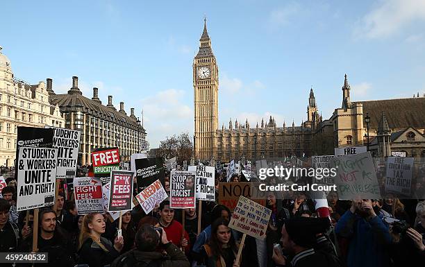 Students take part in a protest march against fees and cuts in the education system on November 19, 2014 in London, England. A coalition of student...