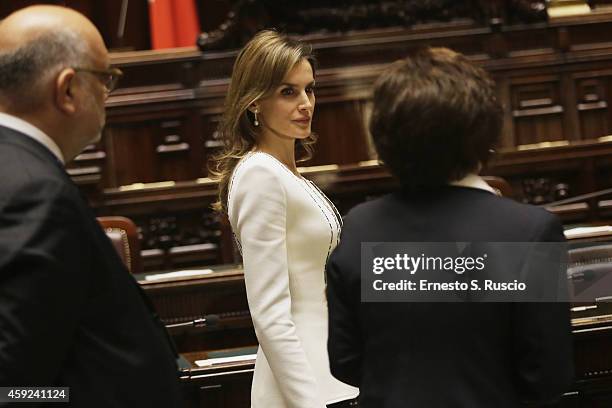 Queen Letitia of Spain arrives for a meeting with the President of the Chamber of Deputies Laura Boldrini at Palazzo Montecitorio during the Spanish...